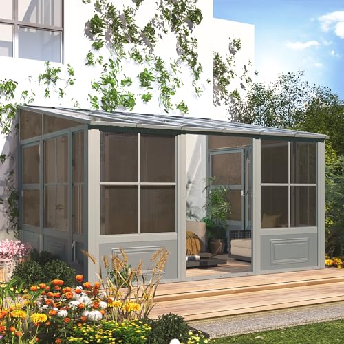 10' x 16' Aluminum Frame Polycarbonate Roof Sunroom with Sliding Doors J380