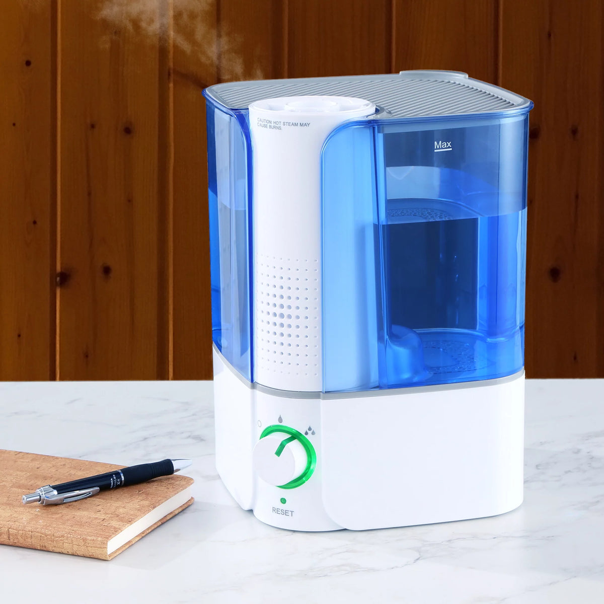 Warm Mist Humidifier, Filter Free, White & Blue, Top Fill, 1.3 Gallon X725918