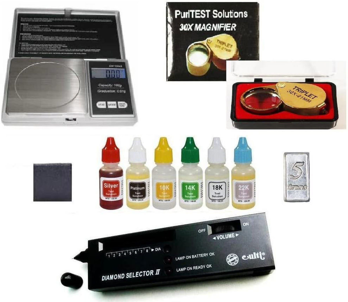 Gold Silver Platinum Test Acids with Diamond Tester and Digital Scale Q17910