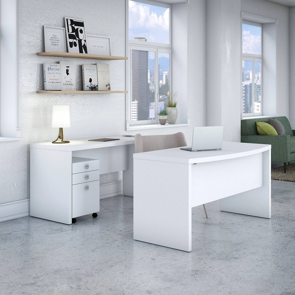 Pure White Bow Front Desk and Credenza with Mobile File Cabinet R38954