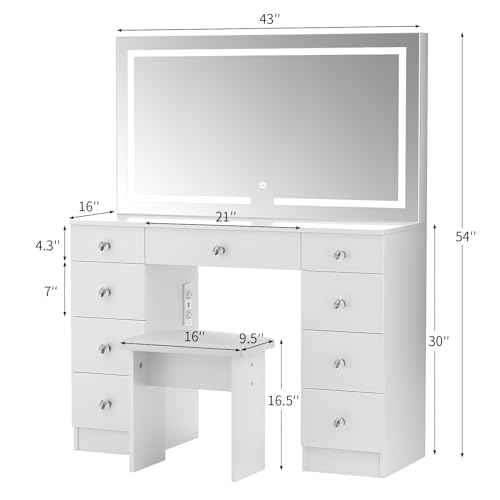 Lighted Mirror Vanity Desk with Power Outlet and 9 Drawers S477