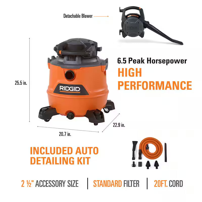 16 Gallon 6.5 Peak HP Wet/Dry Shop Vacuum with Detachable Blower H734349