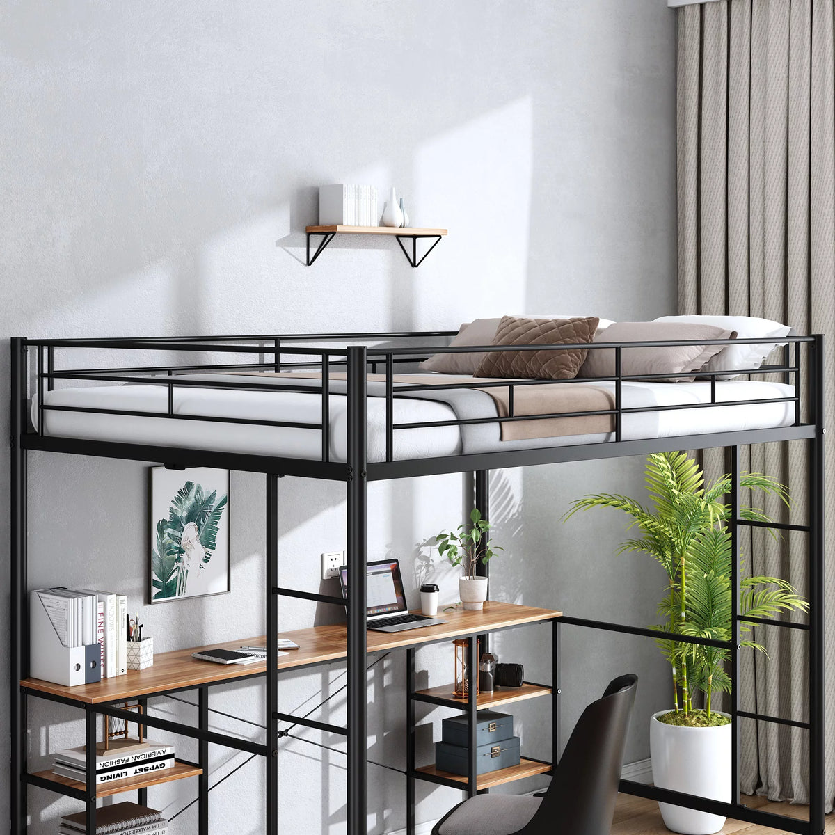 Full Size Black Metal Loft Bed with Desk and Stairs V32271