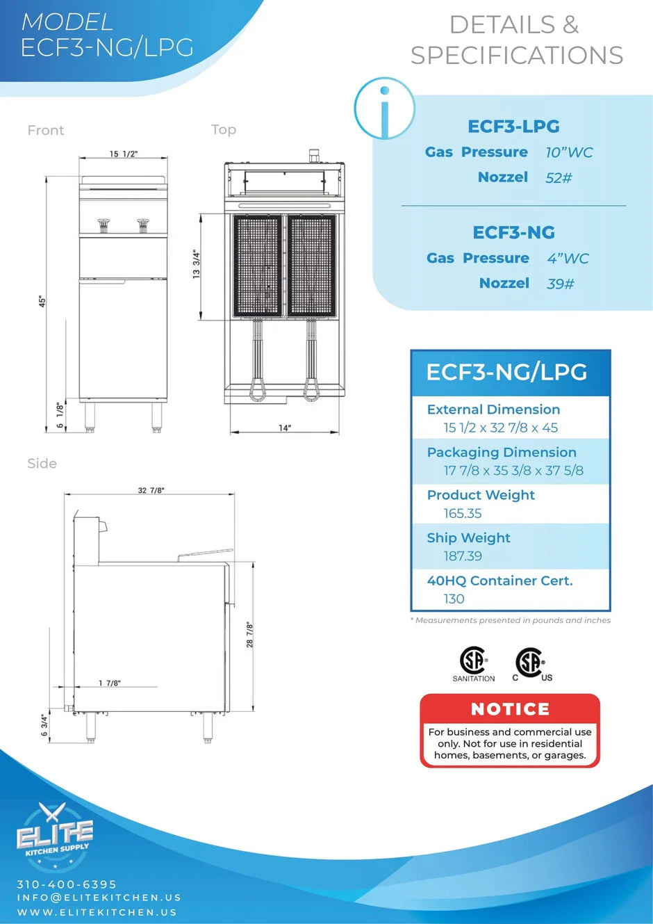 Natural Gas 15 in. 90000BTU Commercial Fryer I352