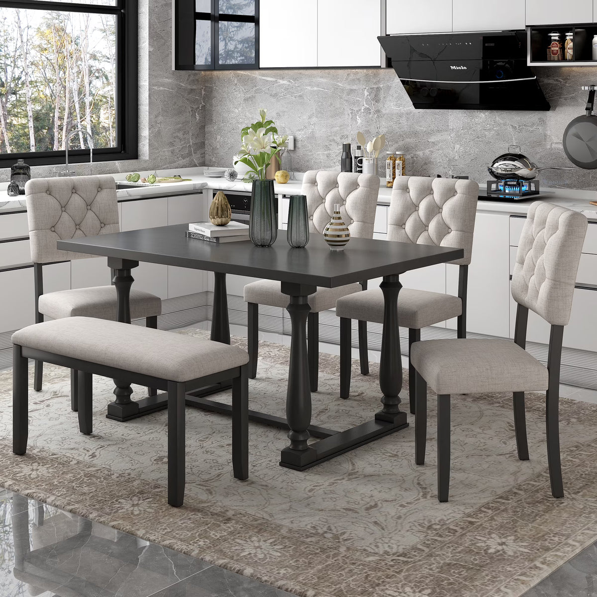 Rectangular Dining Table Set with Bench and 4 Upholstered Chairs X259752