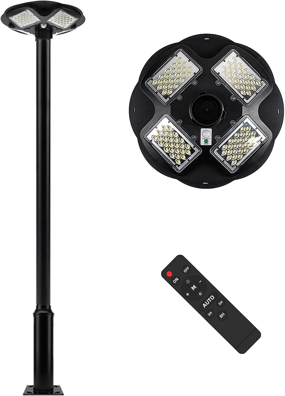 100W LED Solar Pole Light with 98 inch Pole IP65 Waterproof 6500K Auto Dusk to Dawn with Remote G44303