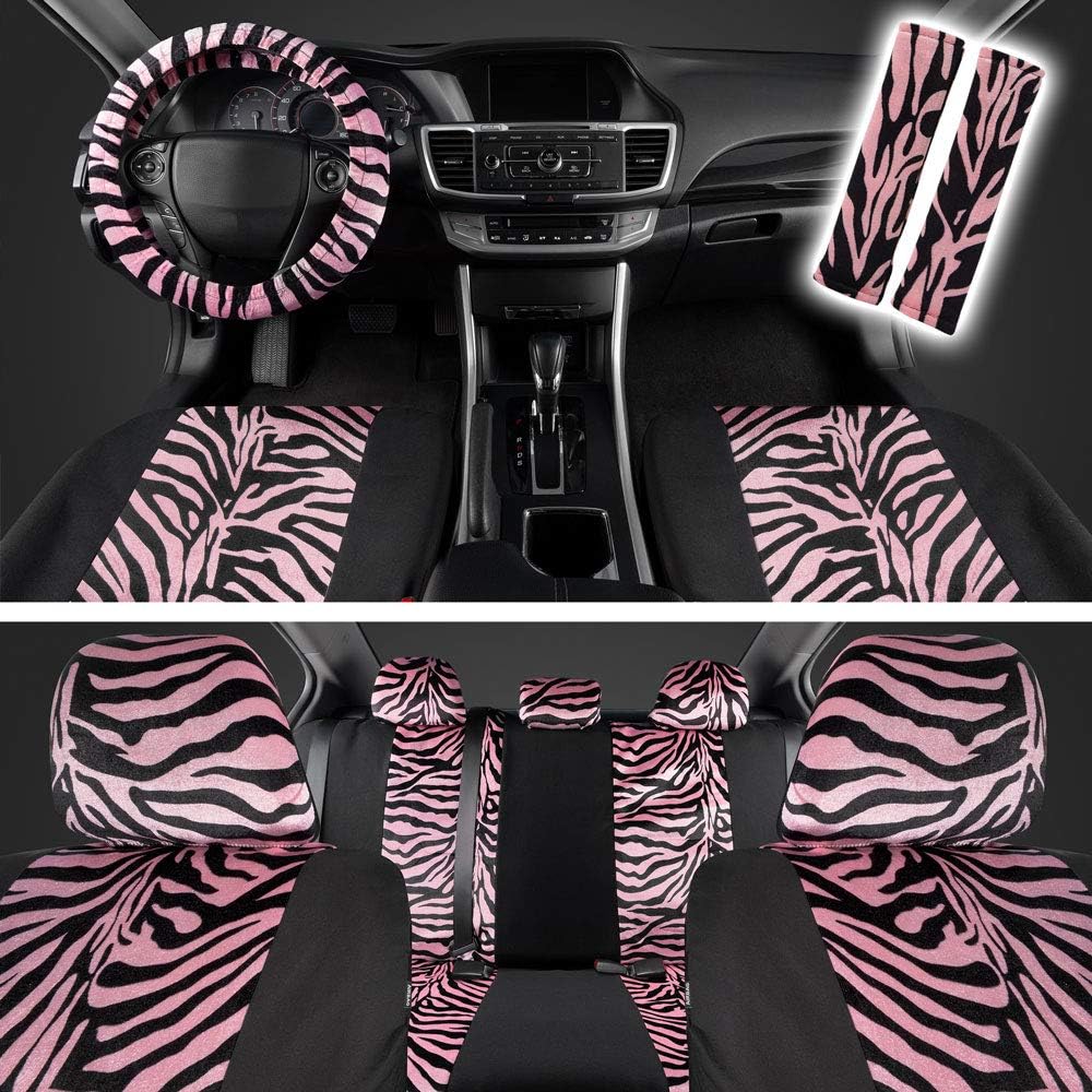 Zebra Print Car Seat Covers Full Set with Seat Belt Pads and Steering Wheel Cover W906655