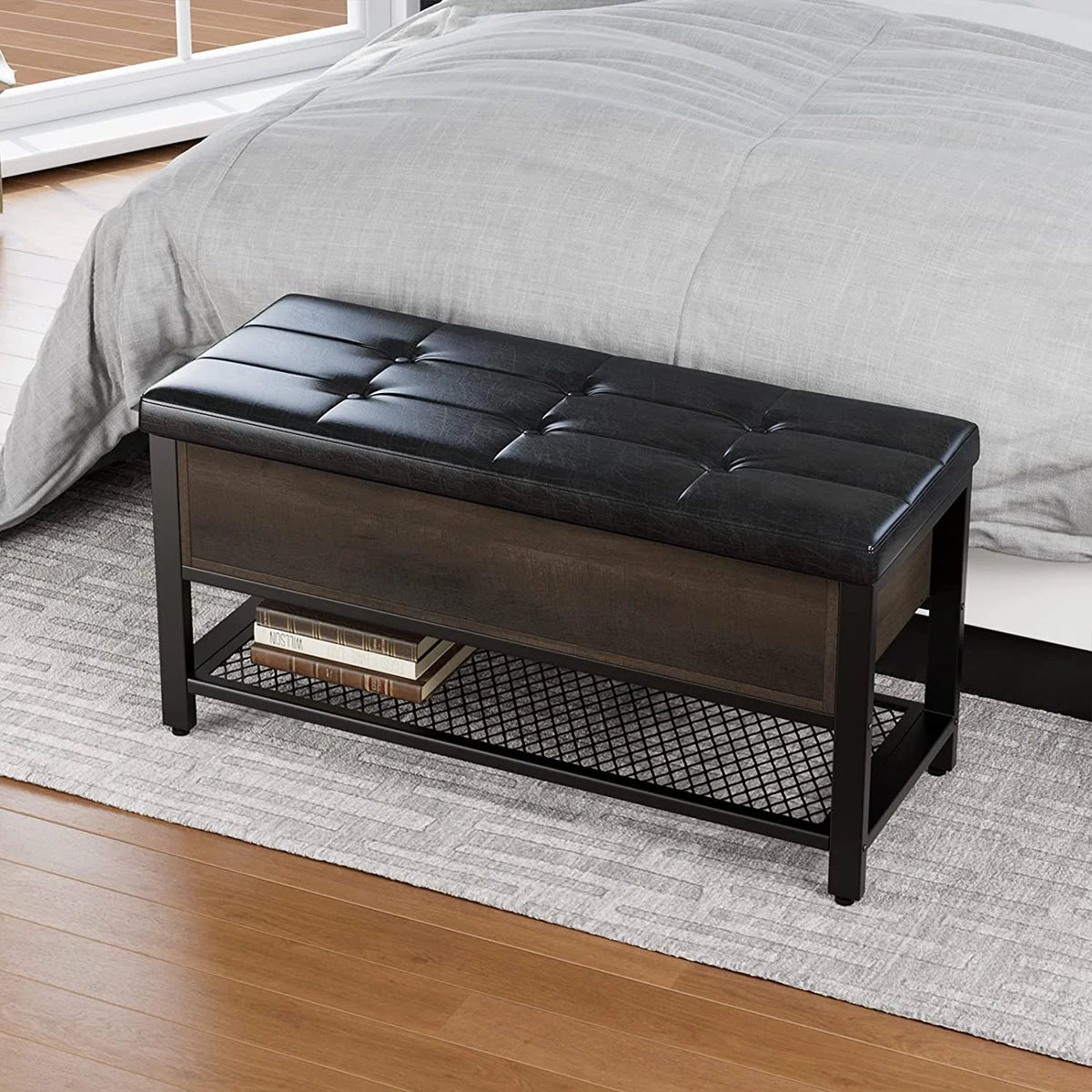 Industrial Storage Bench Flip Top Shoe Bench with Leather Padded Seat Y84371