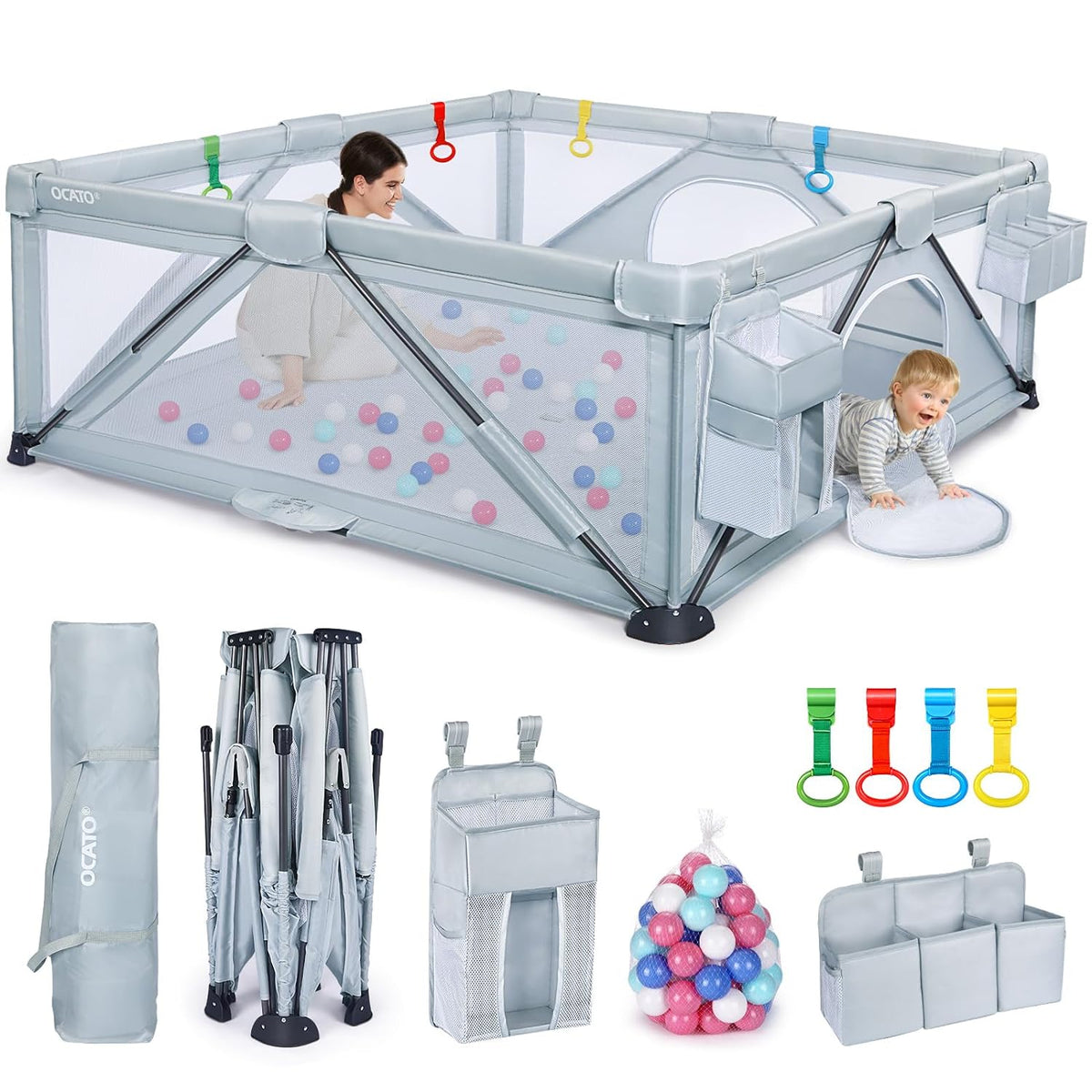 Foldable Large Play Pen with 2 Storage Bags 4 Handlers 50 Balls (71" × 59") T545