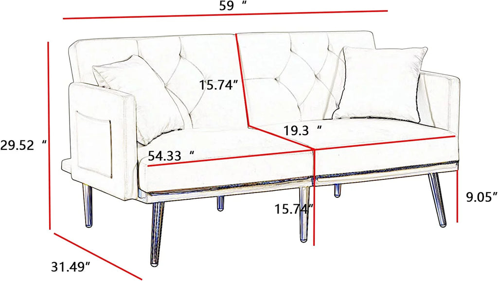 59" Convertible Velvet Sofa Bed with 2 Pillows & Side Pockets (Black) X72188