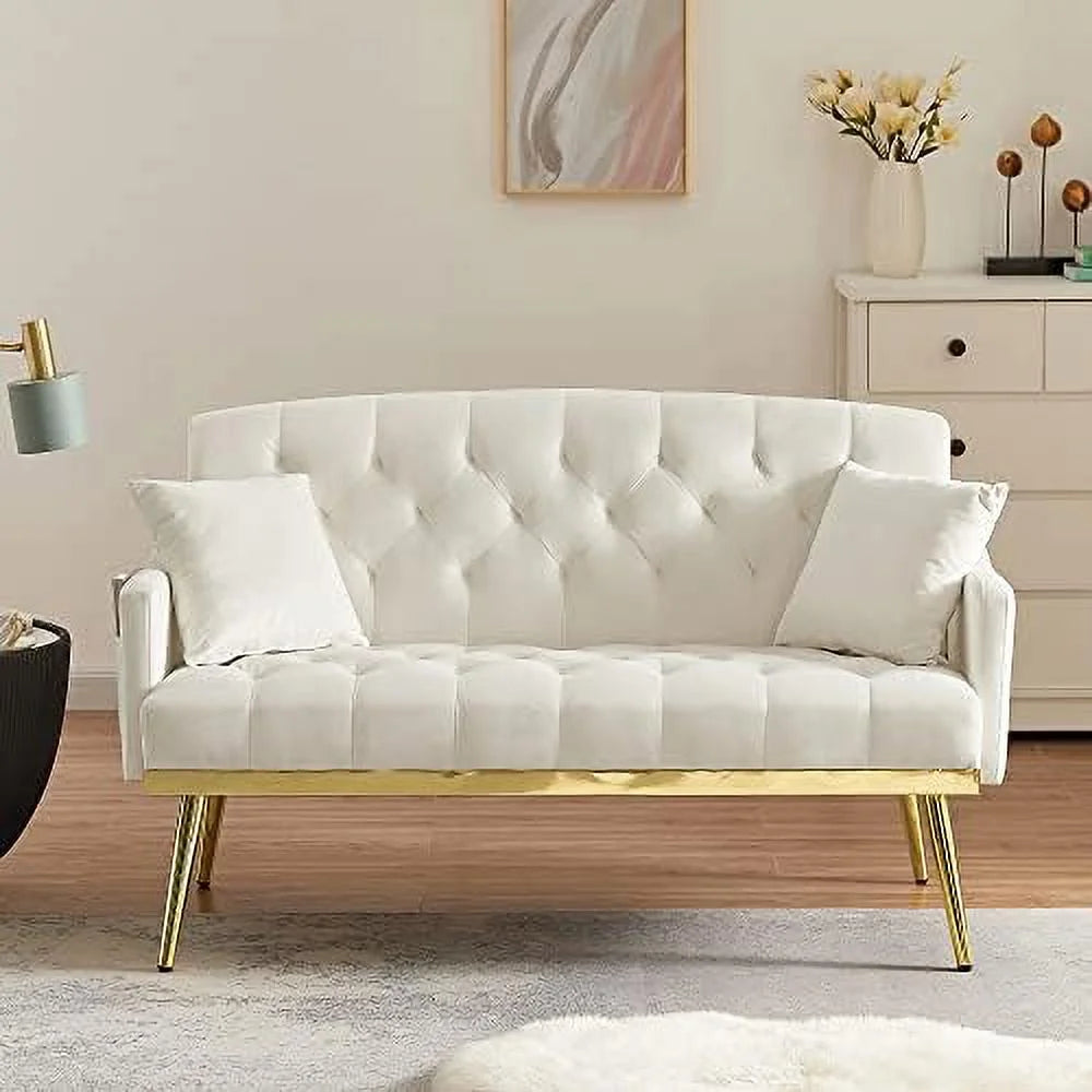 Beige Chenille Two-Seater Sofa with Metal Legs J458