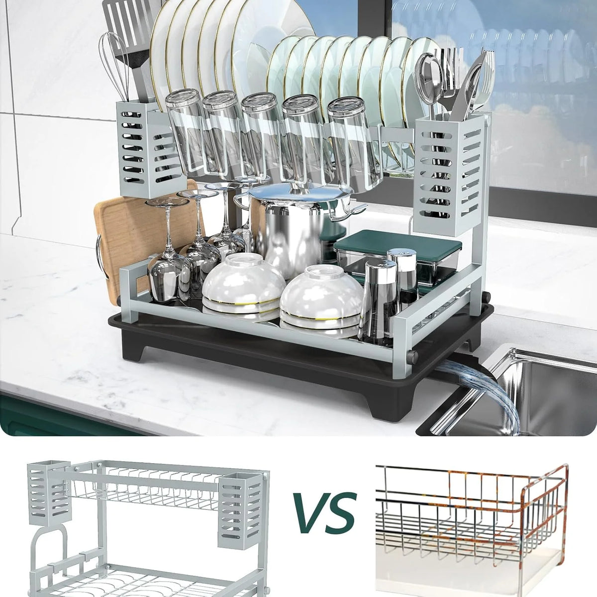 2 Tier Stainless Steel Dish Drying Rack with Drainboard M970