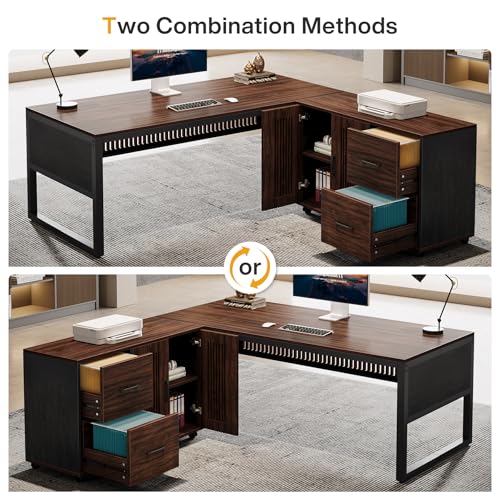 63-Inch L-Shaped Executive Desk with Mobile File Cabinet, Drawers and Storage Shelves, Dark Walnut & Black T3854
