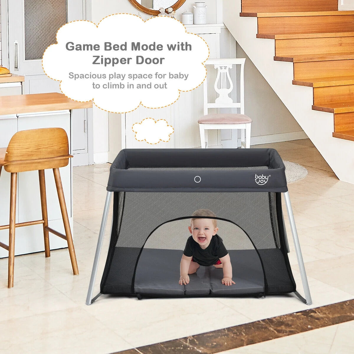 Foldable Baby Playpen Lightweight Crib with Carry Bag Dark Gray M708