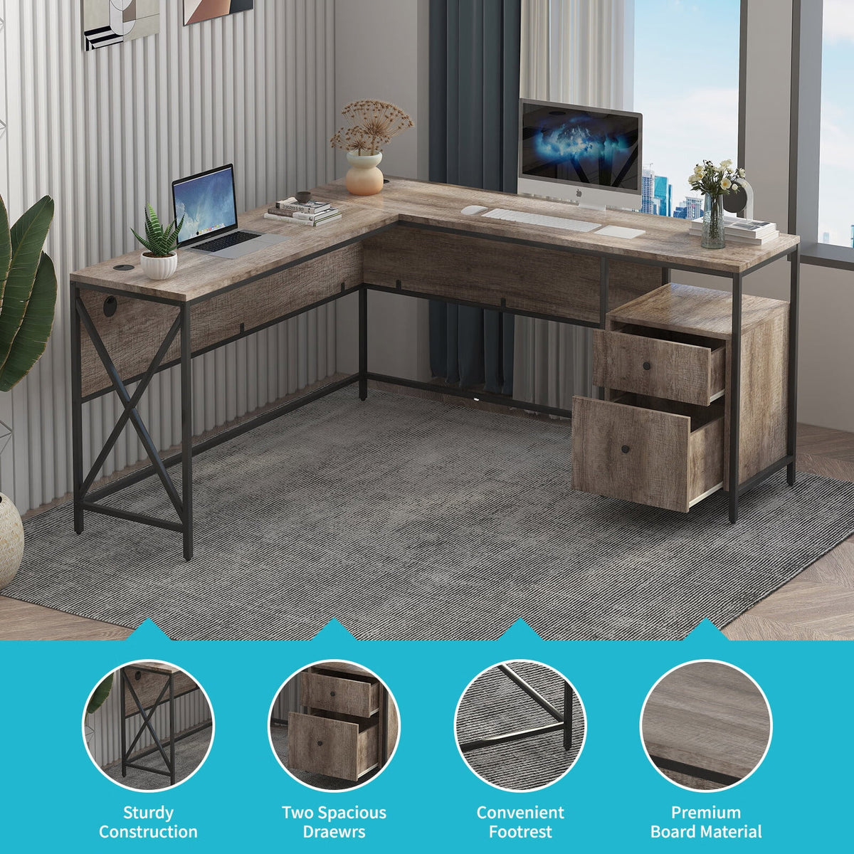 L Shape Computer Desk with Storage Drawers M3700
