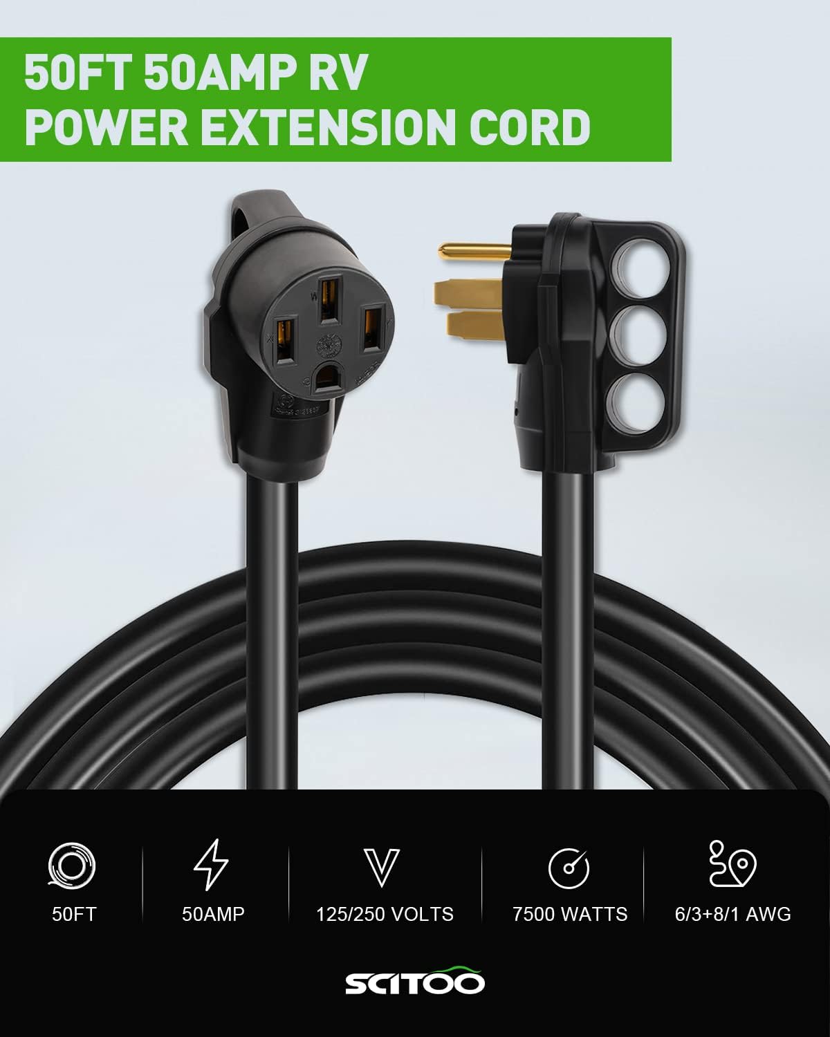 50 Feet 50Amp RV Extension Cord with Handle Black W416