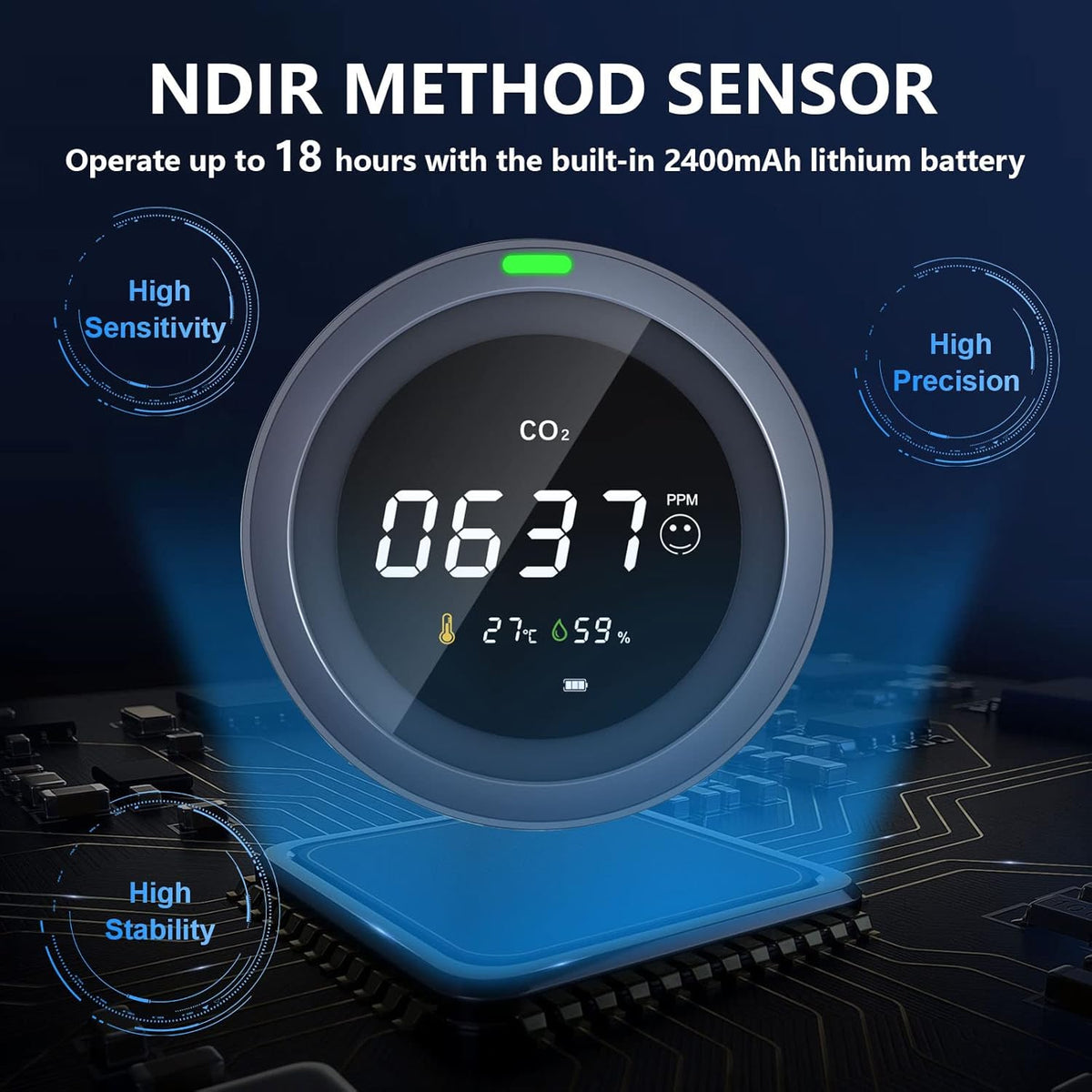 CO2 Monitor Temperature and Relative Humidity Meter, NDIR Sensor, 0~5000ppm, Pack of 2 F12337