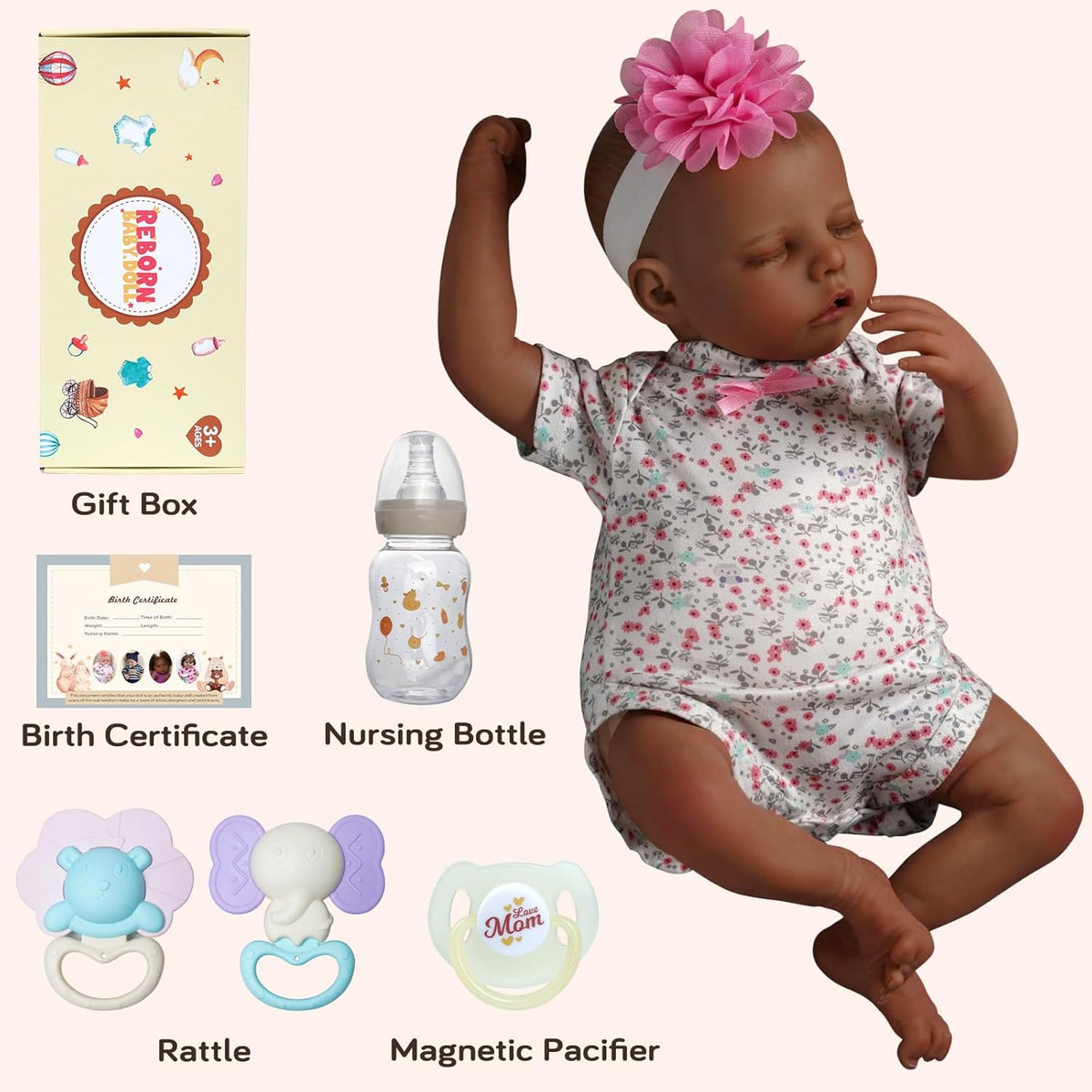 17-Inch Black Reborn Baby Dolls with Feeding Kit J4917