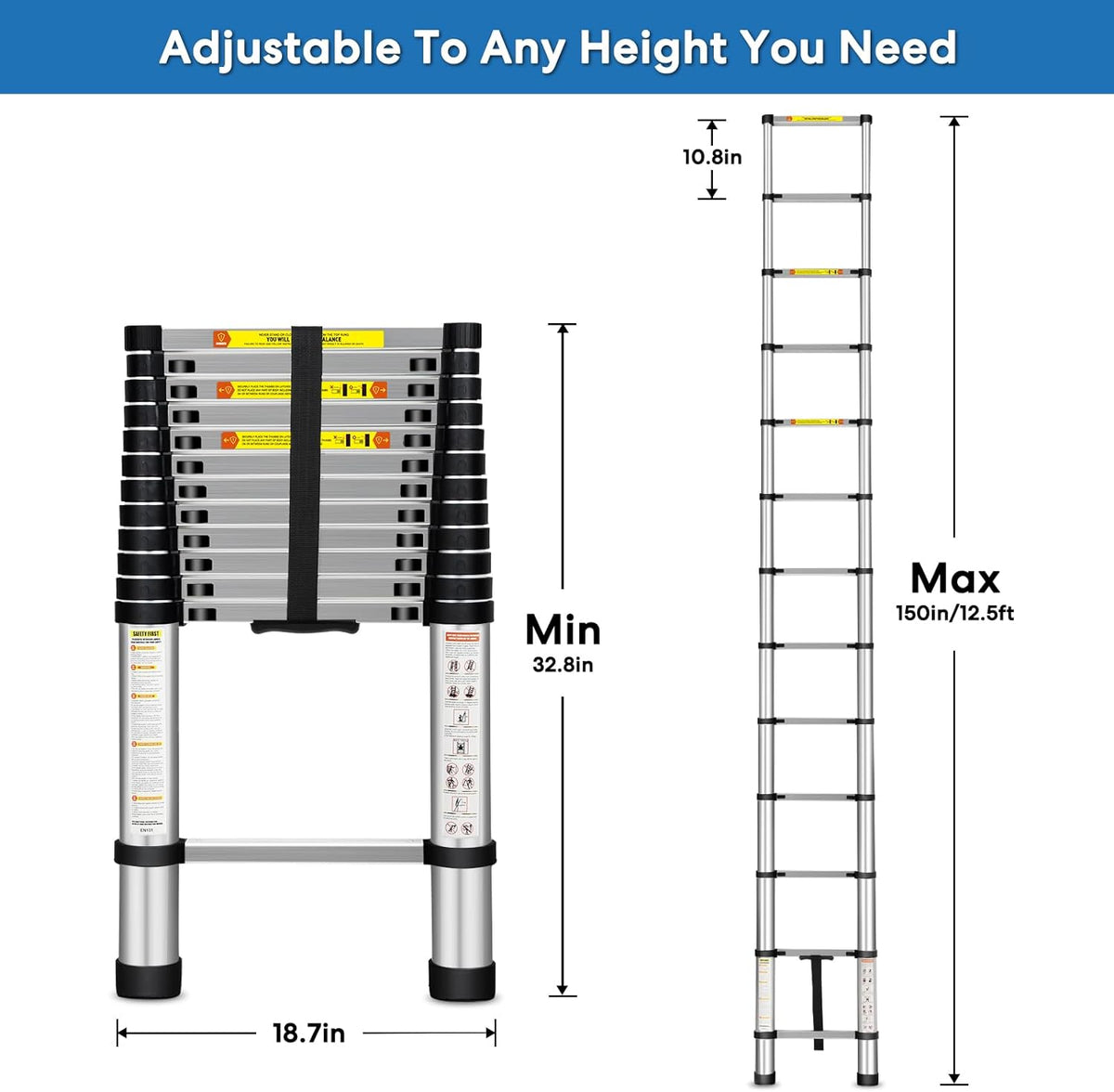 Telescoping Ladder, 12.5FT Aluminum Extension Ladder with Non-Slip Feet, 330lbs Capacity Q12069