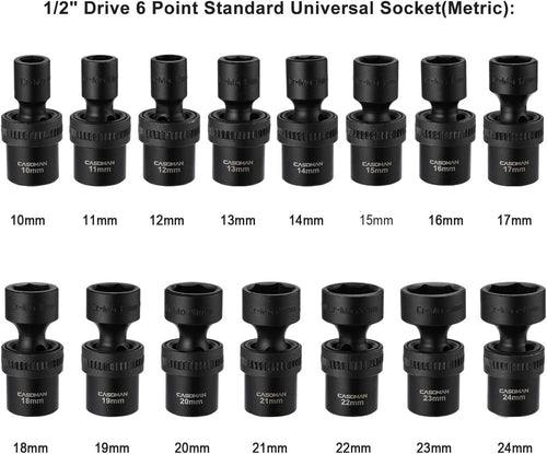 15 PCS 1/2 Drive Shallow Universal Impact Socket Set, 6 Point, Metric, 10-24mm H610