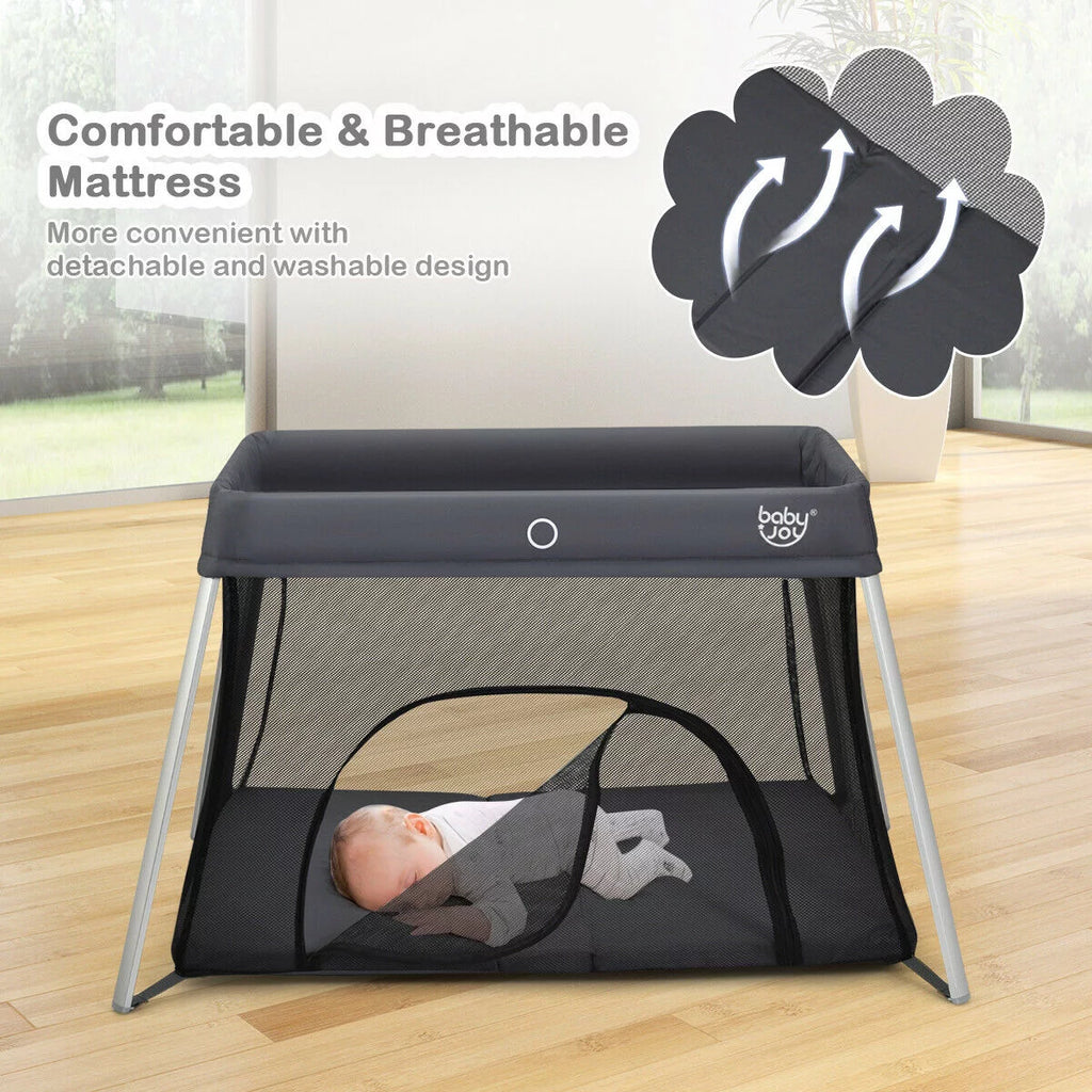 Foldable Baby Playpen Lightweight Crib with Carry Bag Dark Gray M708