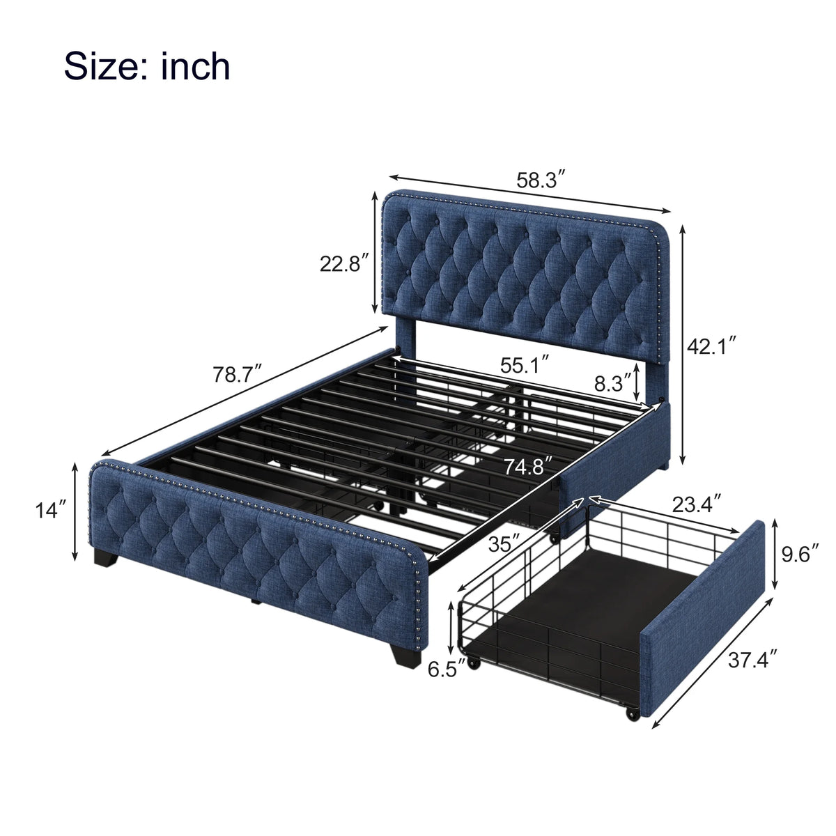 Blue Full Platform Bed Frame with Four Drawers N527