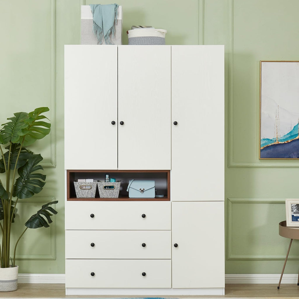 Wooden White 3-Door Armoire Wardrobe Closet with Hanging Rod I842097