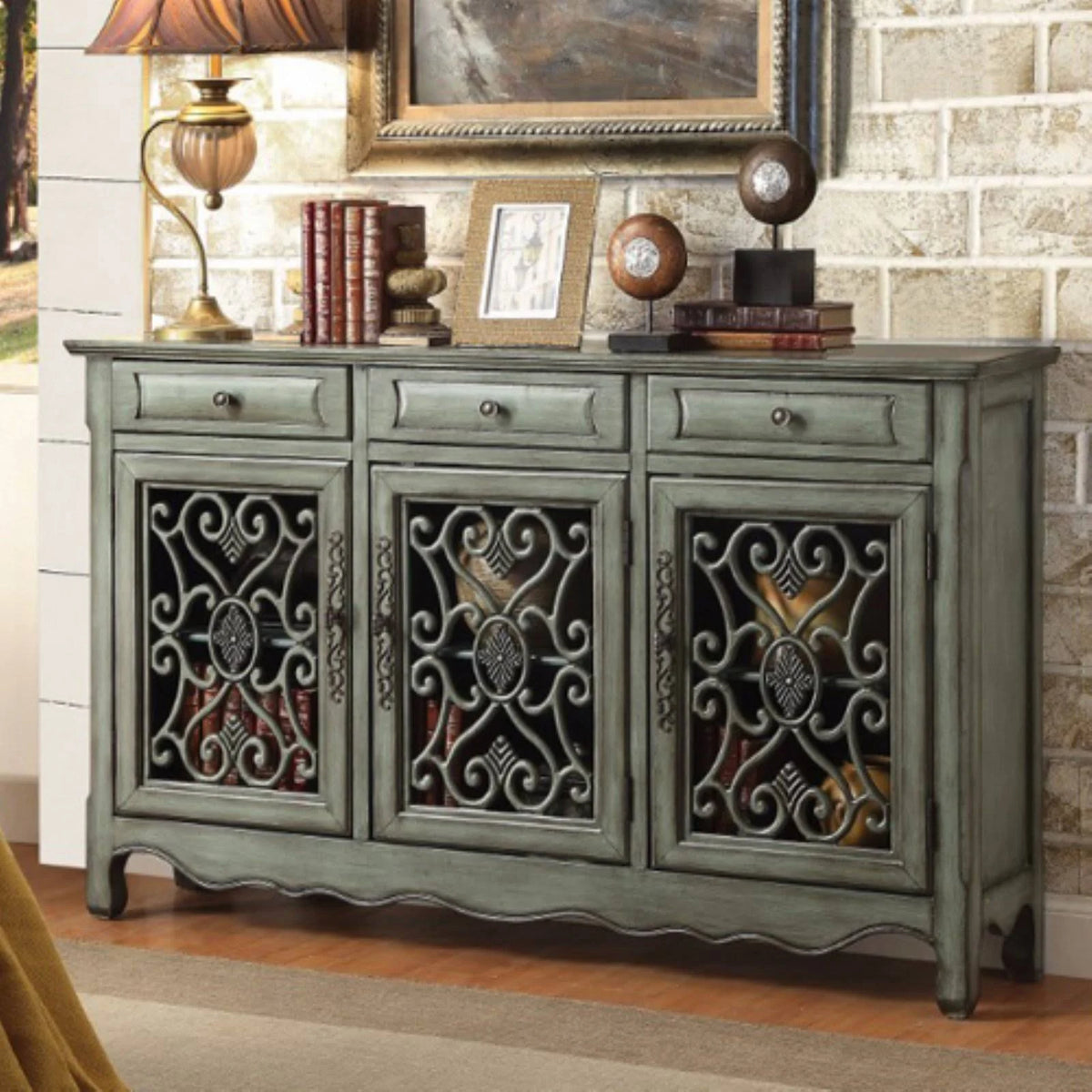 Wooden Accent Cabinet with 3 Storage Drawers Green J708
