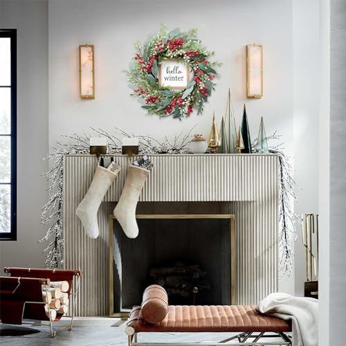 20’’ Red Berries Artificial Leaves Wreath with Hello Winter Sign F940