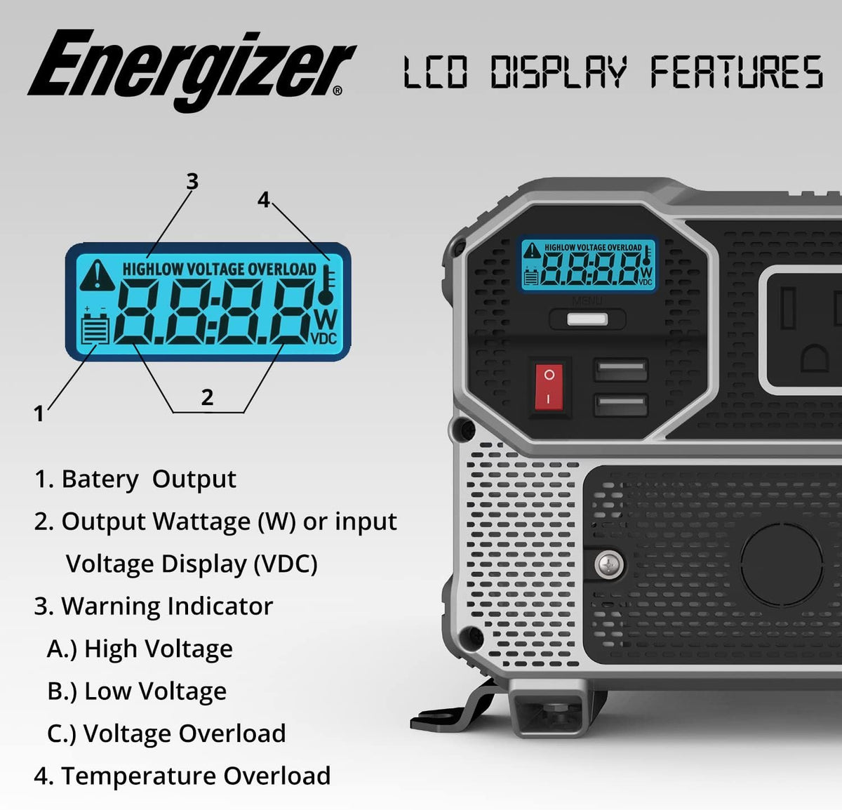1100 Watts Modified Sine Wave Car Inverter, 12V to 110 Volts, Two AC Outlets, Two USB Ports (2.4 Amp) Z44164