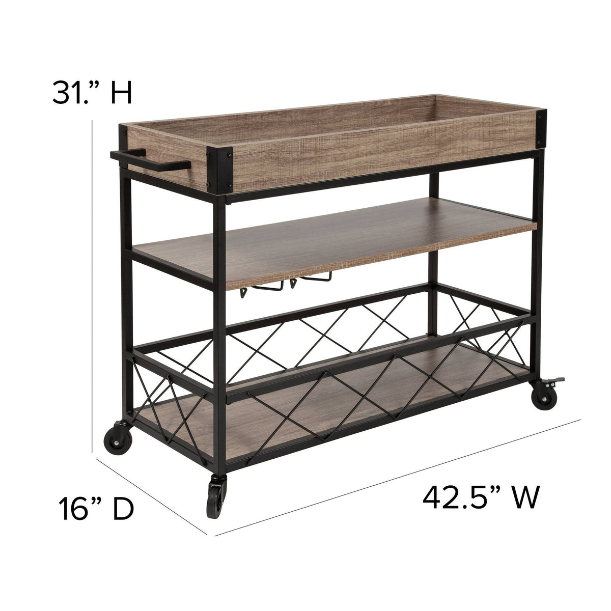 Light Oak Wood Kitchen Bar Cart with Stemware Rack and Locking Casters K779647