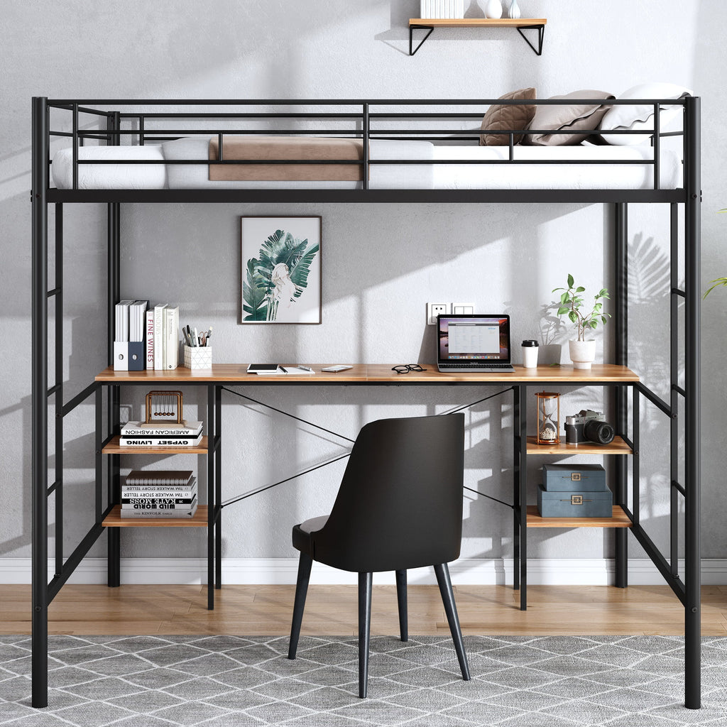 Full Size Black Metal Loft Bed with Desk and Stairs V32271