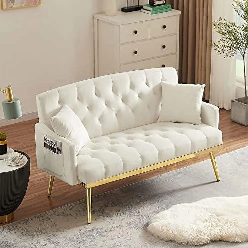 Beige Chenille Two-Seater Sofa with Metal Legs J458