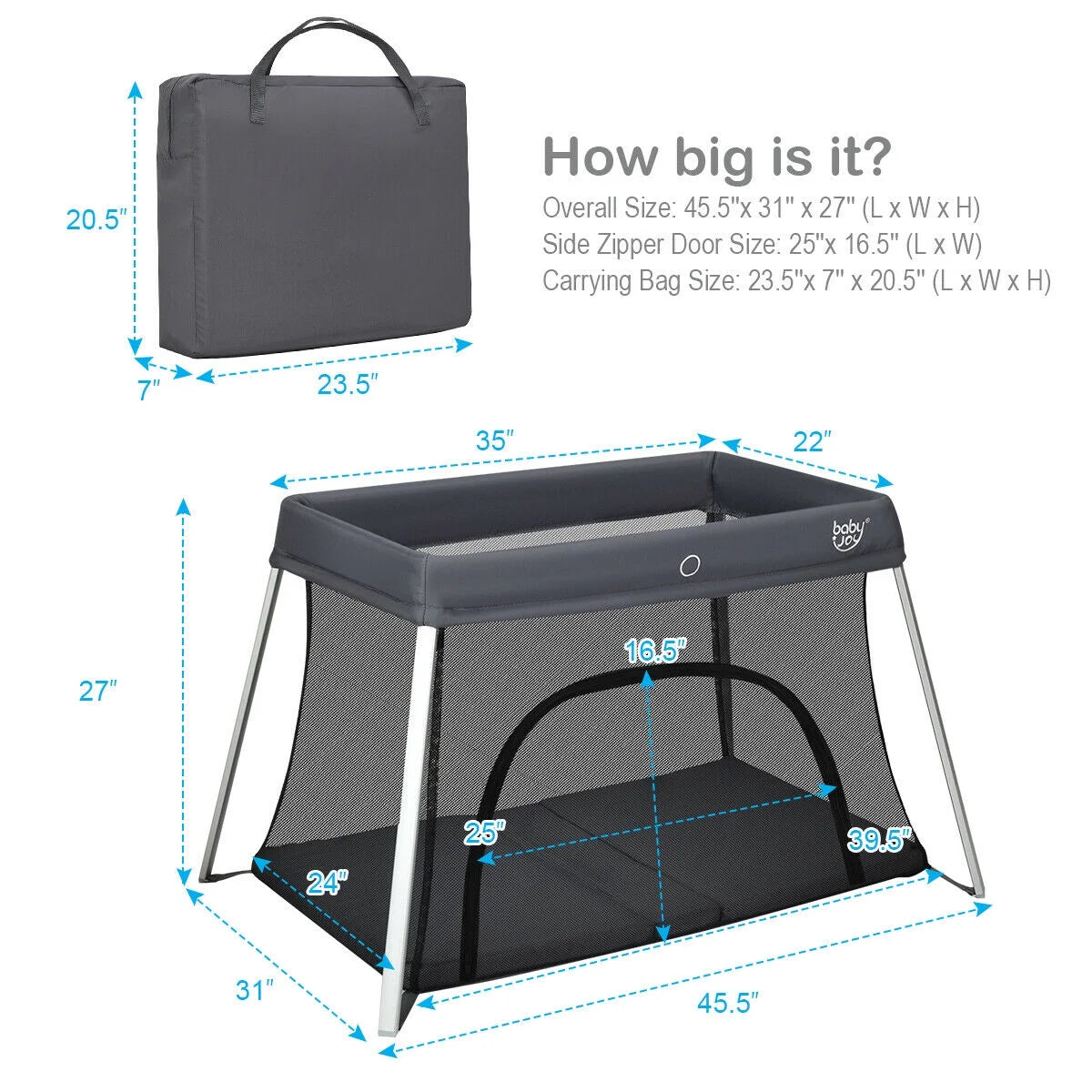 Foldable Baby Playpen Lightweight Crib with Carry Bag Dark Gray M708