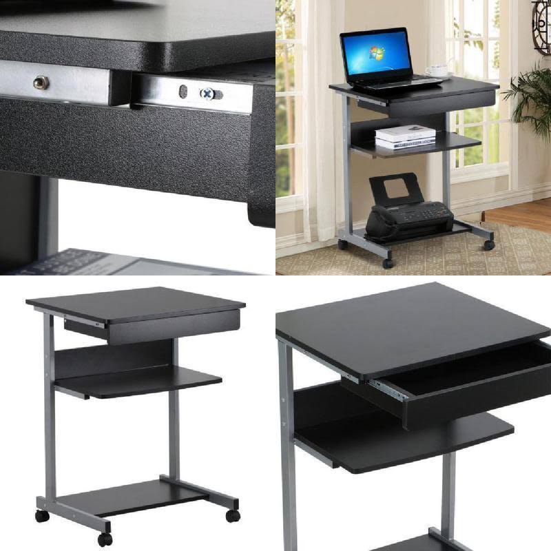 Compact Rolling Laptop Cart Desk with Drawer and Shelf O23066