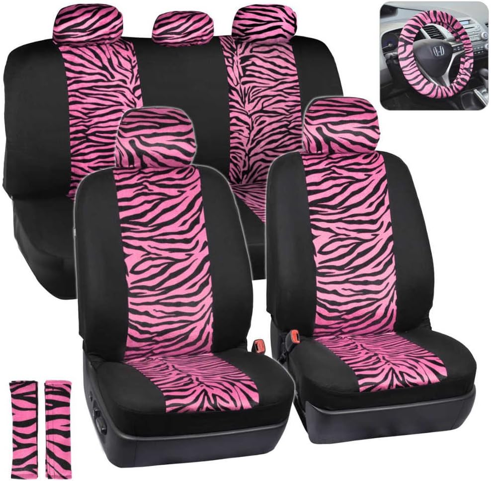 Zebra Print Car Seat Covers Full Set with Seat Belt Pads and Steering Wheel Cover W906655