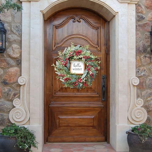 20’’ Red Berries Artificial Leaves Wreath with Hello Winter Sign F940