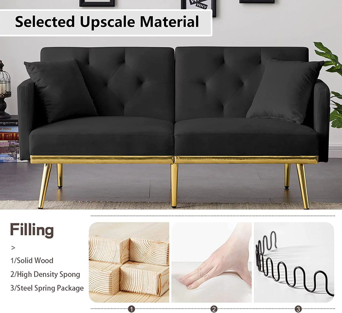 59" Convertible Velvet Sofa Bed with 2 Pillows & Side Pockets (Black) X72188