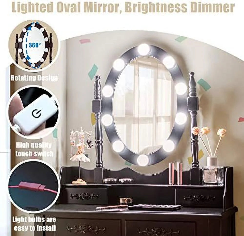 White Vanity Table Set with Lighted Mirror 4 Drawers Cushioned Stool M319225