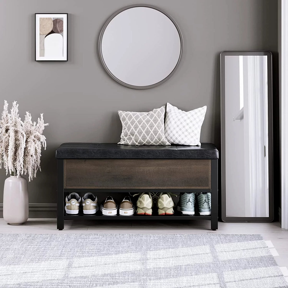 Industrial Storage Bench Flip Top Shoe Bench with Leather Padded Seat Y84371