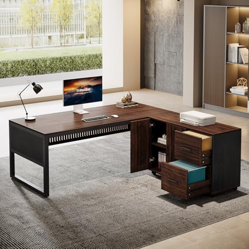 63-Inch L-Shaped Executive Desk with Mobile File Cabinet, Drawers and Storage Shelves, Dark Walnut & Black T3854