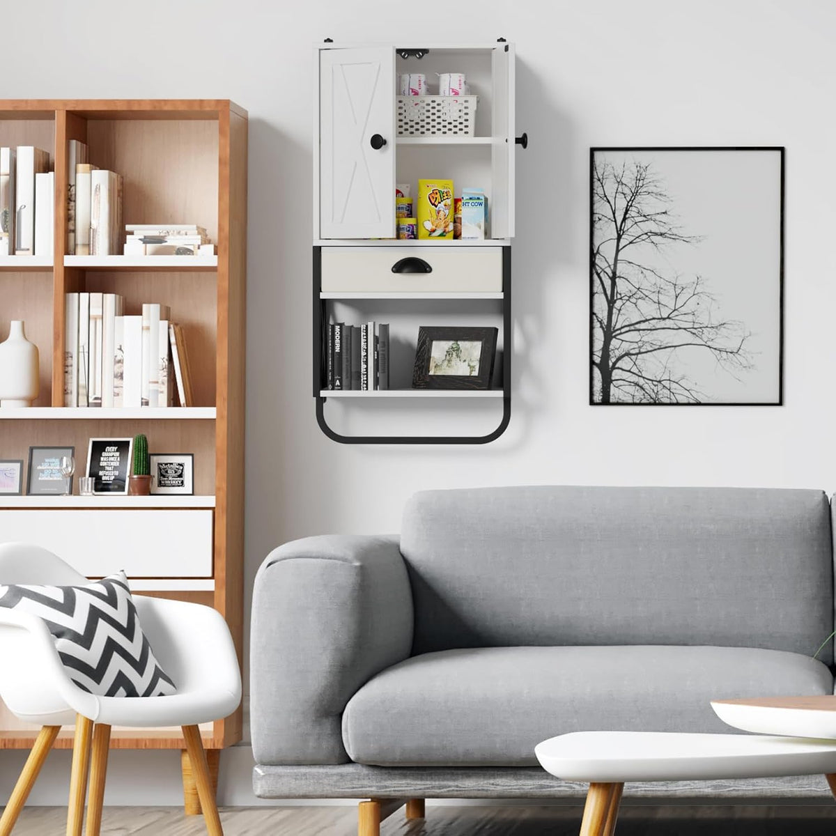 White 3-Tier Wooden Wall Cabinet with 2 Door and Adjustable Shelf L1410