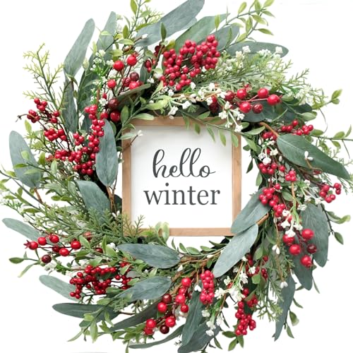 20’’ Red Berries Artificial Leaves Wreath with Hello Winter Sign F940