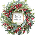 20’’ Red Berries Artificial Leaves Wreath with Hello Winter Sign F940