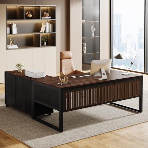 63-Inch L-Shaped Executive Desk with Mobile File Cabinet, Drawers and Storage Shelves, Dark Walnut & Black T3854