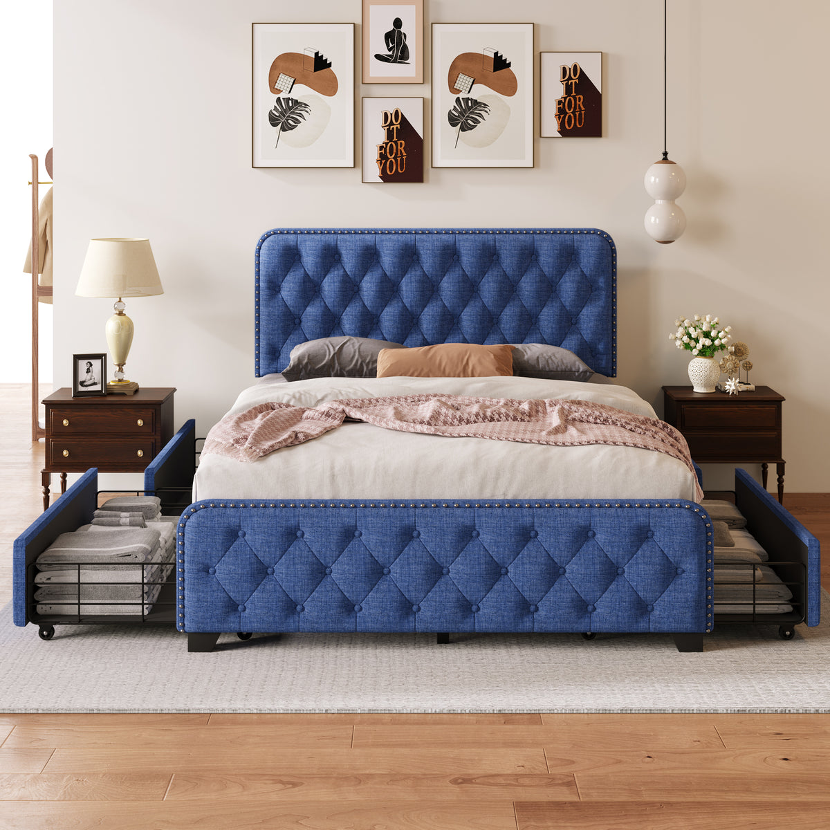 Blue Full Platform Bed Frame with Four Drawers N527
