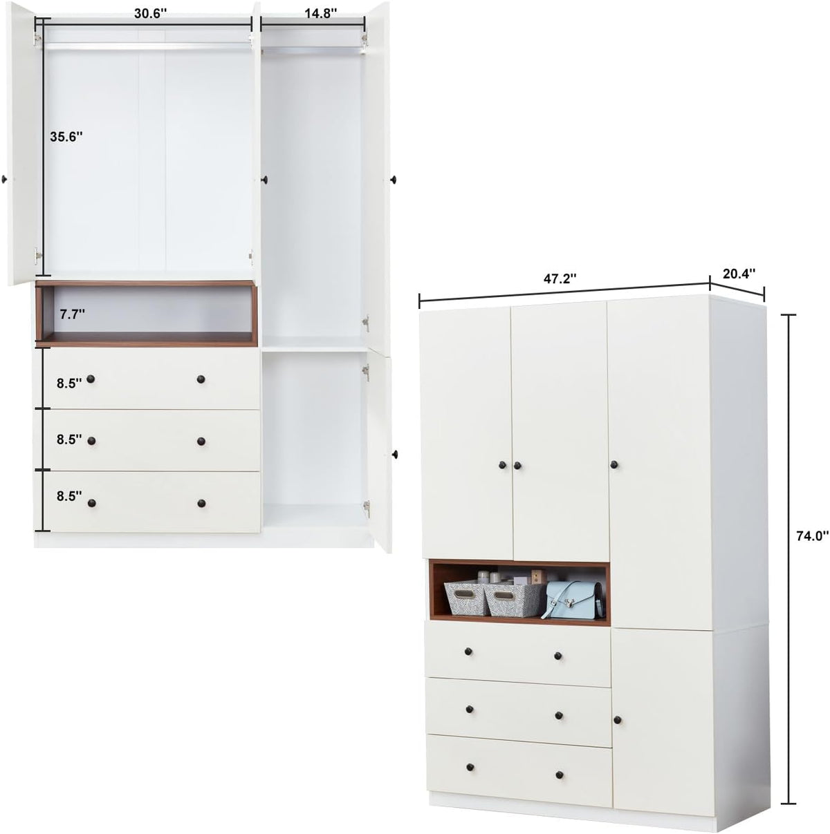 Wooden White 3-Door Armoire Wardrobe Closet with Hanging Rod I842097