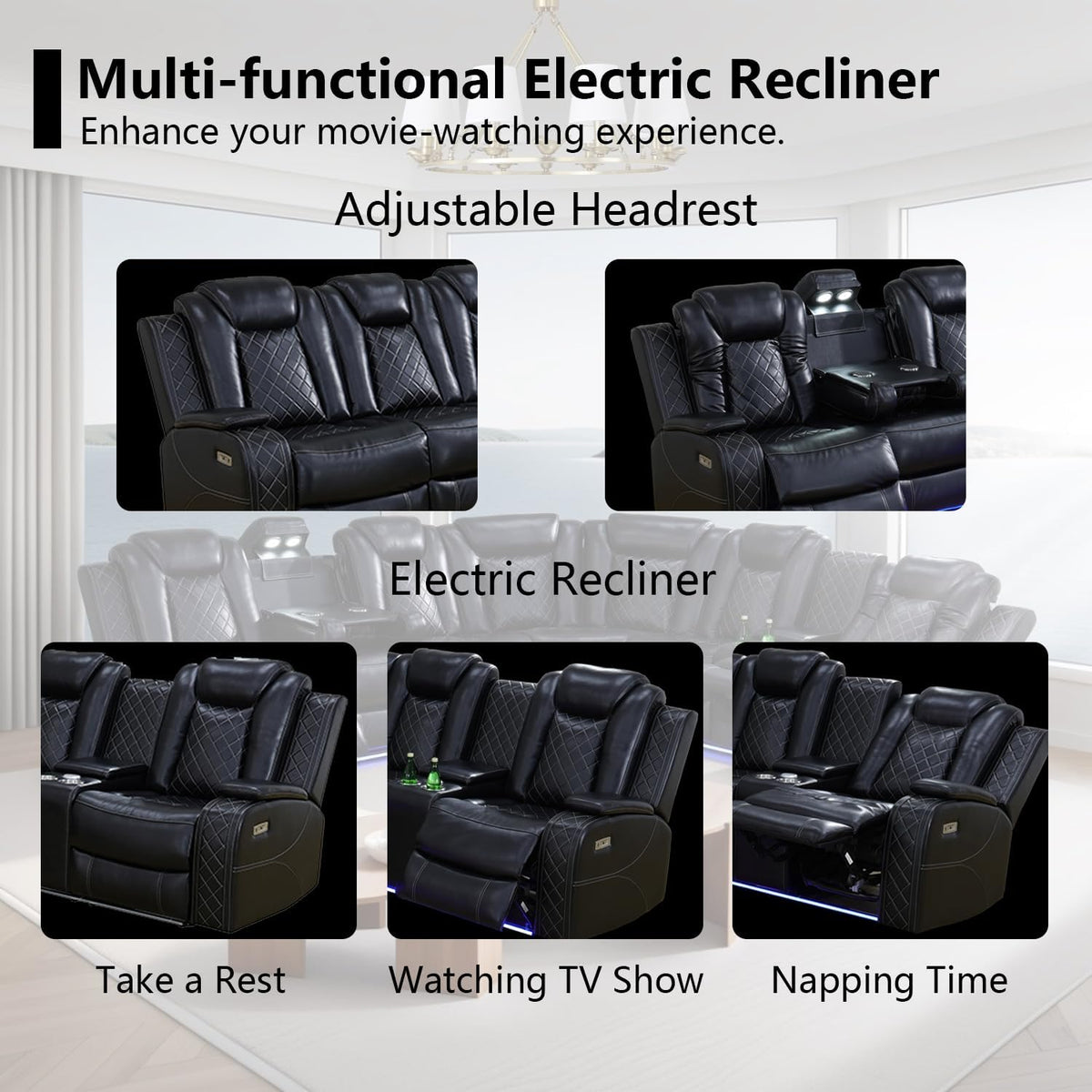 Black Leather Power Reclining Sectional Sofa R34195