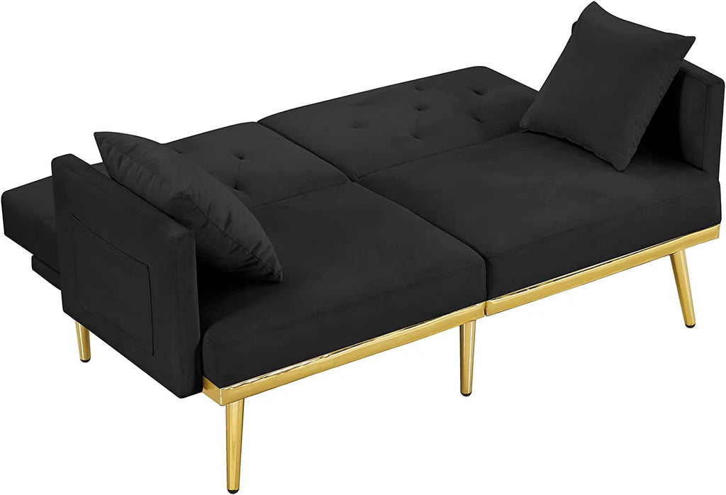 59" Convertible Velvet Sofa Bed with 2 Pillows & Side Pockets (Black) X72188