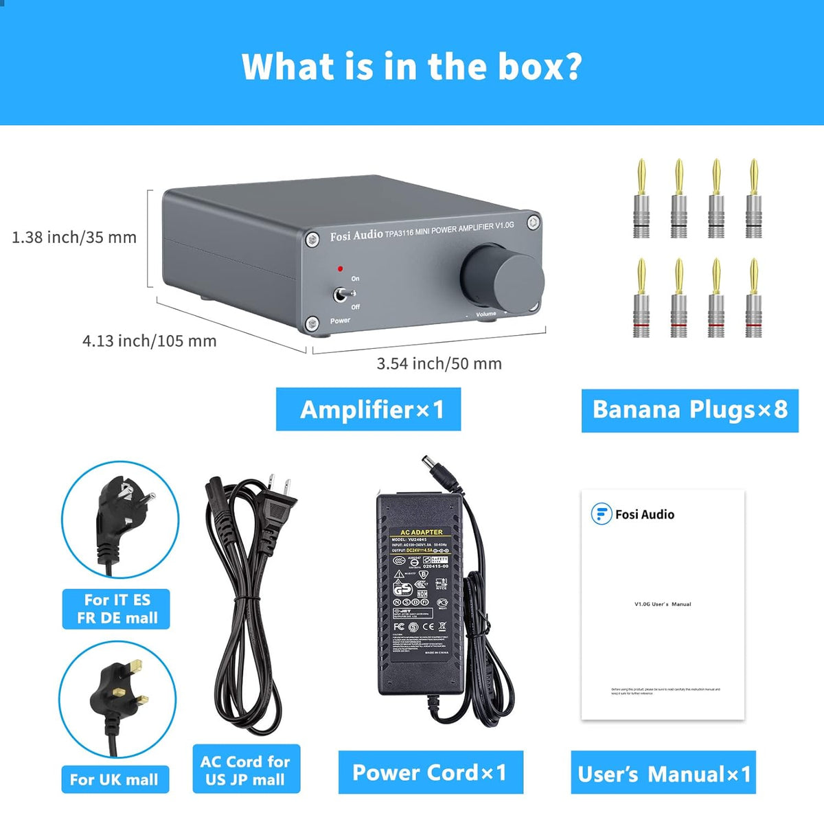 100W Power Amplifier with 8 Banana Plugs Mini Stereo 2 Channel Class D Digital Amp with Power Adapter B8367